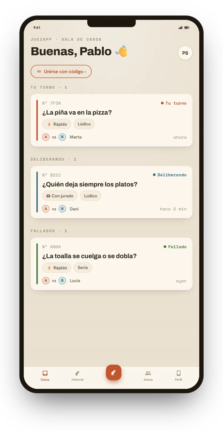 Sala de casos: los juicios abiertos, deliberando y fallados.