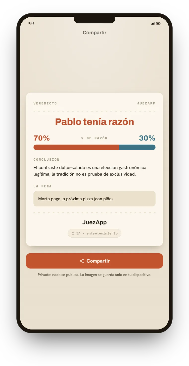 Sentencia lista para compartir, con el porcentaje de razón y la pena.